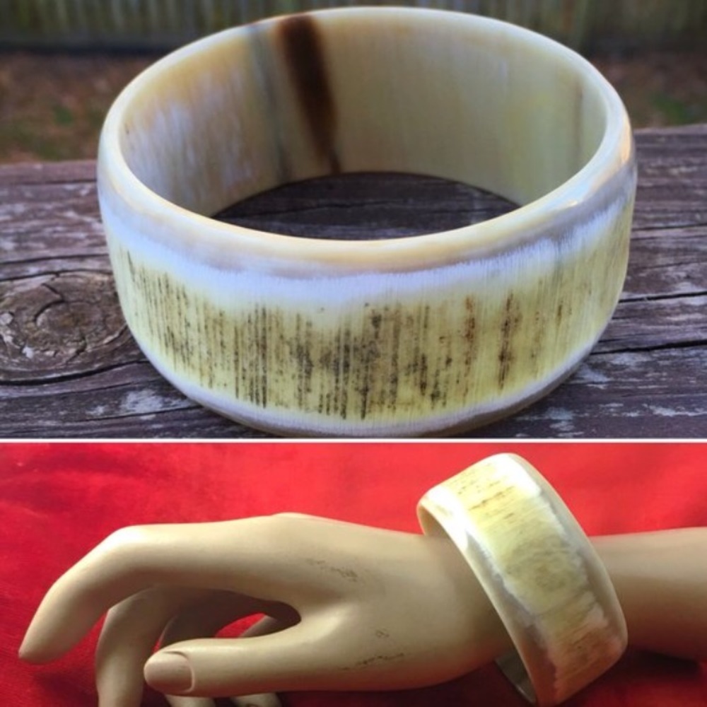 Etched Artisan Polished Horn Bone Bangle Bracelet